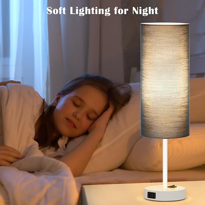 ZJOJO Table Lamp for Bedroom 2 Pack,18in Bedside Lamps with 3 Way Dimmable Rocker Switch & AC Outlet,Nightstand Desk Lamp with Blue Fabric Shade White Base for Living Room Home Decor Lights
