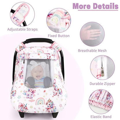 Car Seat Cover Baby, HNHUAMING Infant Car Seat Covers Canopy for Baby Girl Boy, Cozy & Windproof Unicorn Newborn Carseat Covers Minky Dot Backing Stroller Cover with Breathable Mesh Window, Rainbow