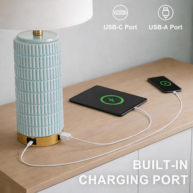 PoKat 25'' Bedside Table Lamps Set of 2 for Living Room, 3-Way Dimmable Touch Lamps for Bedroom, Modern Lamps for Nightstand with USB Ports, Coastal Blue Lamp for Office Sideboard (Bulbs Included)