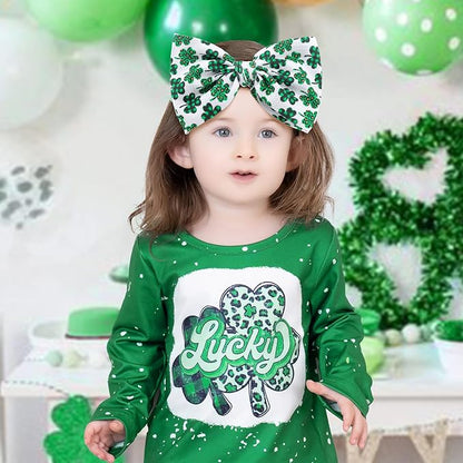 St. Patrick's Day 7 Baby Girl Nylon Hair Accessories: Clover Printed Elastics Bows Headbands for Newborn, Infant, Toddler (Green, 2Pcs)