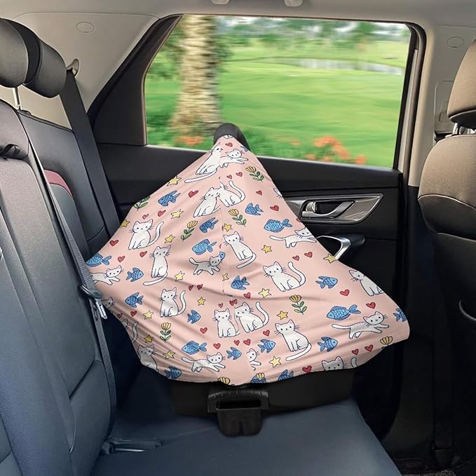 Wanyint Cat Fish Flower Star Pink Infant Car Seat Cover Cute Car Seat Cover for Babies, Carseat Canopy Baby Breastfeeding Stroller High Chair Shopping Cart Cover