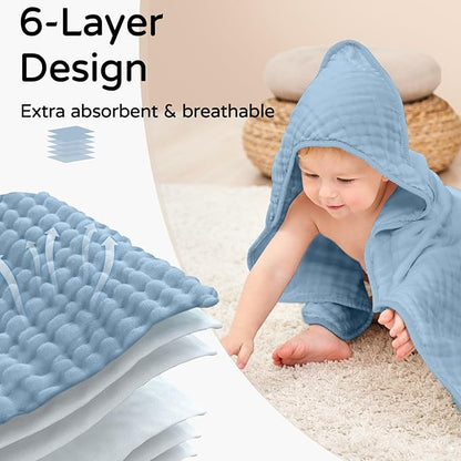 Yoofoss Hooded Baby Towels for Newborn 2 Pack 100% Muslin Organic Cotton Baby Bath Towel with Hood for Babies, Infant, Toddler and Kids, 32x32Inch, Soft and Absorbent Newborn Essential,Blue&Green