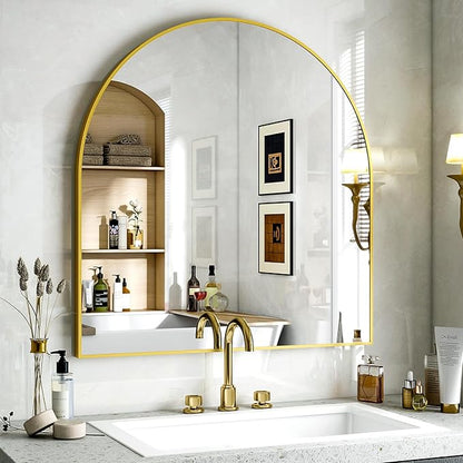 Arched Bathroom Mirror, 32x34 Inch - Wall Mounted Vanity Mirror with Aluminum Alloy Frame - Ideal for Living Room, Bedroom, Bathroom, and Entryway, Hanging or Leaning, Gold