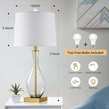 WIHTU Table Lamps Set of 2 with Touch Control, 27" Bedside Desk Lamps for Nightstand Decorations, 3-Way Dimmable Modern Glass Table lamp with USB C and A Charging Ports, Gold (LED Bulbs Included)