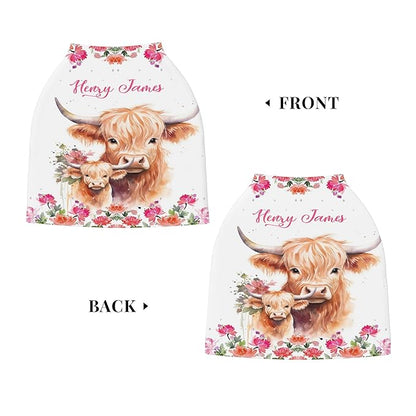 Personalized Car Seat Covers with Name, Highland Cow Baby Canopy Carrier Cover, Breathable Breastfeeding Nursing Cover, Stretchy Multi-Use Infant Carseat Stroller Cover