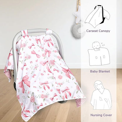 Baby Car Seat Cover, Peekaboo Opening Car Seat Canopy for Baby Girls Boys, Mom Nursing Breastfeeding Covers, Blanket for Infant, Pink Rose