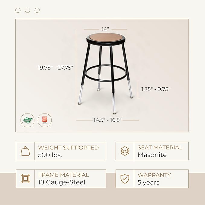 OEF Furnishings (2 Pack Height Adjustable Steel Stools, Black, 19-27"