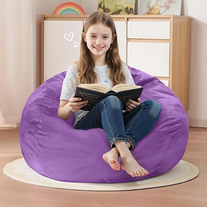 Homguava 2FT Bean Bag Chair: 2' Bean Bags with Memory Foam Filled,Comfy Beanbag Chairs Round Bean Bag Sofa with Dutch Velvet Cover-Purple