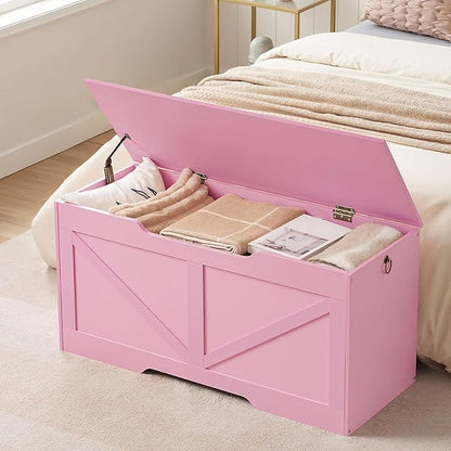 HOOBRO Storage Bench, 39.4" Retro Wooden Storage Chest with U-Shaped Cut-Out Pull, Safety Hinge, Supports 220 lb and Easy Assembly for Toy Box Organizer (Pink) PK771CW01