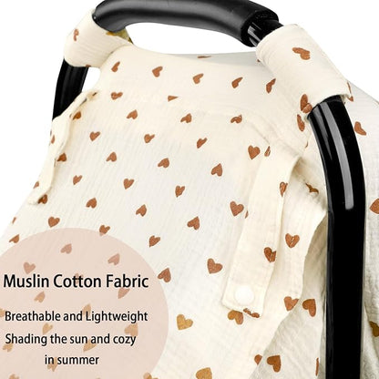 Hooyax Muslin Car Seat Cover Baby, Summer Car Seat Covers for Babies, Infants, and Newborns, Ultra Soft Breathable Universal Fit Stroller Carseat Canopy Covers for Boys Girls (Heart)