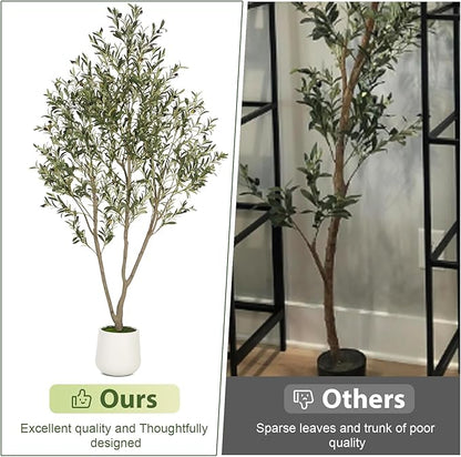 Olive Trees Artificial Indoor, 5FT Tall Faux Olive Tree with White Tall Planter, Artificial Plants with Natural Wood Trunk and Lifelike Fruits for Home Office Decor