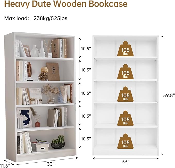 Wooden Bookshelf with Adjustable Shelves, 5 Tier Tall Bookcase for Living Room, Office or Small Spaces,Heavy Dute Bookshelves Storage Organizer, Manga Bookshelf for Collectors,60 Inch,White