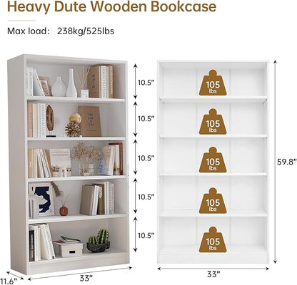 Wooden Bookshelf with Adjustable Shelves, 5 Tier Tall Bookcase for Living Room, Office or Small Spaces,Heavy Dute Bookshelves Storage Organizer, Manga Bookshelf for Collectors,60 Inch,White