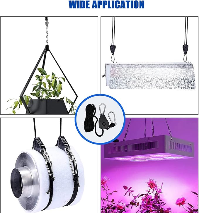 Grow Light Rope Hanger ，1/8" 8-Feet Long Heavy Duty Adjustable Rope Clip Hanger, Adjustable Rope Ratchet Hangers 150 Lbs per Pair (12 Pairs)