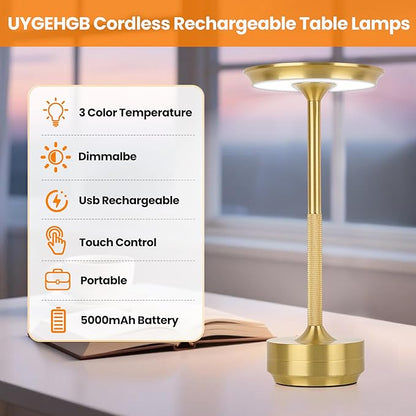 2-Pack Cordless Table Lamp Rechargeable 5000mAh, 3-Color Stepless Dimming Touch Sensor, Portable LED Desk Light for Bedroom, Nightstand, Camping, Patio (2-Pack Gold)