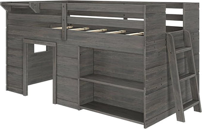 Max & Lily Modern Farmhouse Twin Low Loft Bed with Bookcase - Solid Wood, 15” Guardrails, 400-lb Capacity, Low-VOC Finish, Driftwood