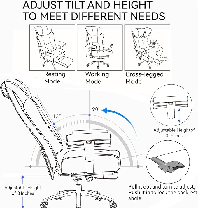 Efomao Ergonomic Office Chair 450LBS with Foot Rest, High Back PU Leather Big and Tall Executive Chair with Adjustable Padded Armrests, Lumbar Support for Home or Work, Heavy Duty Computer Chair, Blue