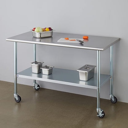 ROCKPOINT Stainless Steel Table for Prep & Work with Caster Wheels 30x60 Inches, NSF Metal Commercial Kitchen Heavy Duty Table with Adjustable Under Shelf and Table Foot for Restaurant, Home and Hotel
