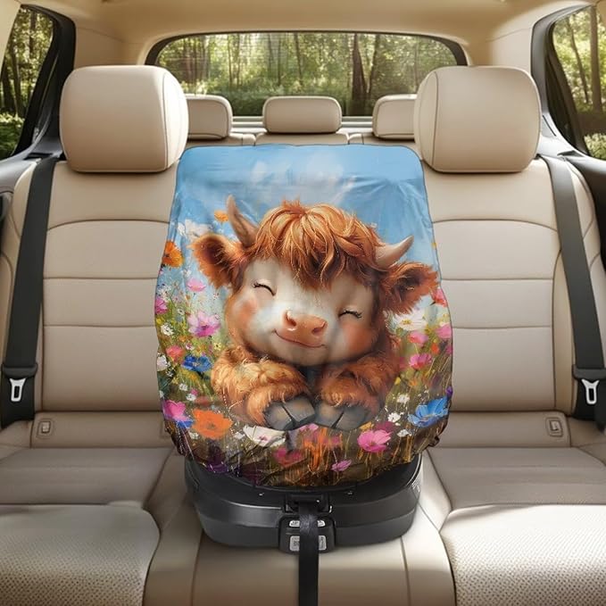 XYZCANDO Baby Highland Cow Infant Car Seat Cover Cartoon Summer Carseat Cover Protect from Sun/Hot Days Portable Baby Car Seat Shade Cover Elastic Infant Car Seat Protector Gift for Her