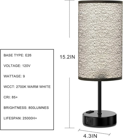Table Lamp for Bedroom with Touch Control,Bedside Lamp with USB C+A Charging Ports& AC Outlets, Adjustable 3color LED Light for Home Decor/Nightstand/Bedroom/Office,Included Bulb and Fabric Lamp Shade