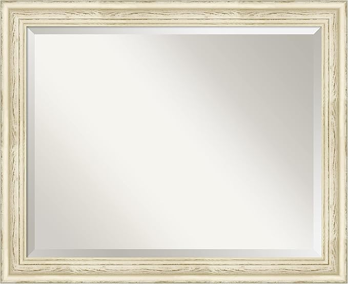 Amanti Art White Bathroom Mirror for Over Sink, 27x33 Country White Wash Rectangle Vanity Mirror, Large Rustic Farmhouse Wood Frame, Hangs Horizonally and Vertically, Bathroom Wall Decor, Beveled Edge