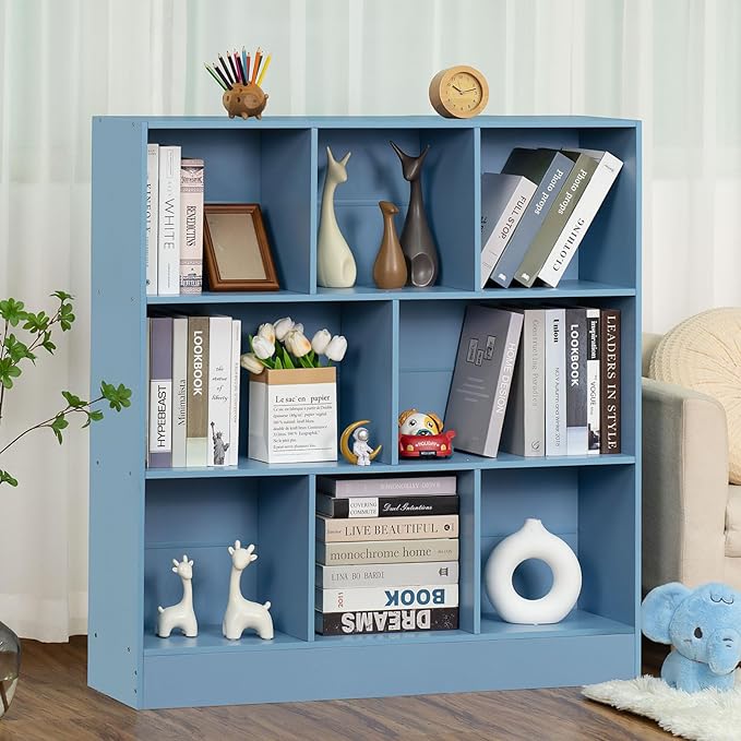 YAHARBO 3 Tier Bookshelf,Wide Kids Horizontal Bookcase,8 Cube Blue Book Shelf,Large Display Toy Storage Cabinet with Base,Floor Standing Modern Bookcases Organizer for Bedroom,Nursery,Playroom