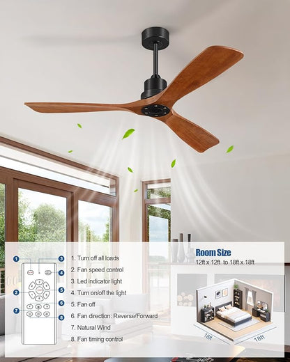 Ceiling Fans With Remote Control, Outdoor Ceiling Fan for Patios Indoor, 3 Downrods, 3 Blades, Timer, 6 Speed Reversible Quiet DC Motor Modern Fan Solid Wood Fan, 52in, Brown