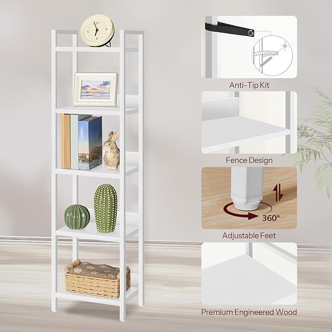 Bookshelf, 5-Tier Bookcase, Standing Book Shelf for Small Space, Storage Shelf Organizer, for Living Room, Bedroom, Study, Balcony, White BKBW5501