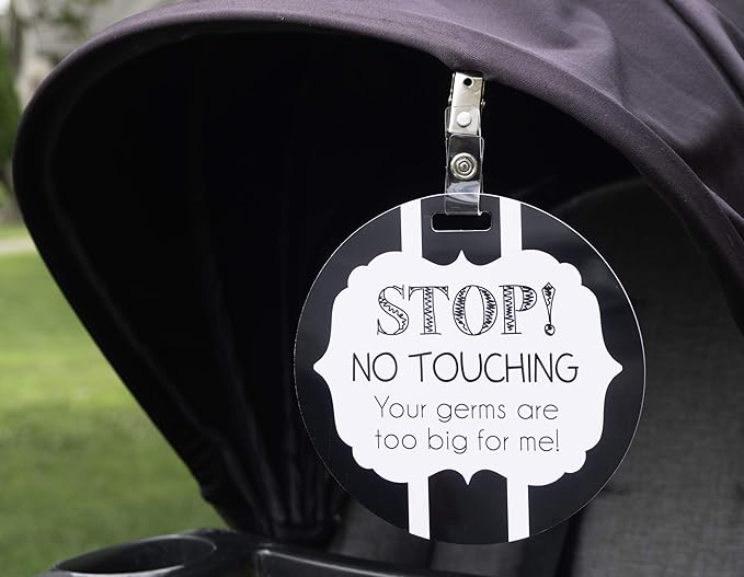 (Three Little Tots) No Touching Baby Car Seat and Stroller Two Pack- Baby Safety No Touching Car Seat Sign, Stroller Sign, Newborn Car Seat Tag- CPSIA Safety Tested (Woodlands/Black White)