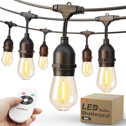 addlon Outdoor String Lights Timer Control, 48FT LED Patio Light with Edison Vintage Shatterproof Bulbs and Commercial Grade Weatherproof Strand - ETL Listed Heavy-Duty Decorative Lighting