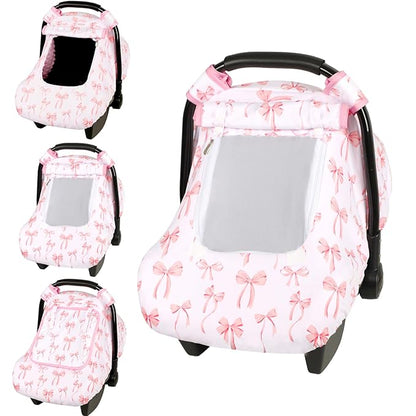 Baby Car Seat Cover, Windproof Carseat Cover for Infant Girls, Infant Warm Carseat Canopy with Double Layer Fabric for Winter, Compatible with Most Baby Car Seat, Bow