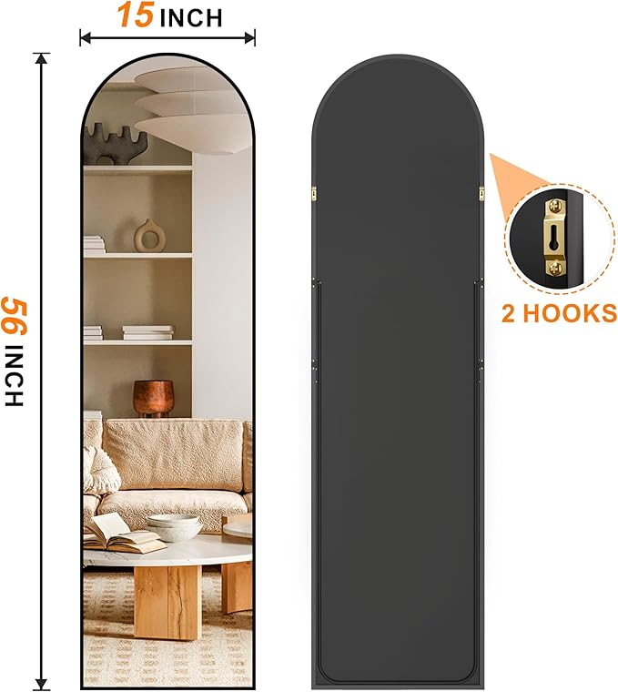 Arched Full Length Mirror, 56"x15" Standing Body Mirror for Wall, with Aluminum Alloy Frame for Bedroom, Living Room, Dressing Room(Black)