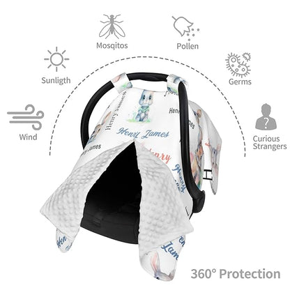 Personalized Winter Baby Car Seat Cover with Name Rabbit Winter Car Seat Cover for Baby Seat or Stroller Custom Infant Car Seat Covers Bunny Minky Blankets Nursing Cover Breastfeeding Scarf