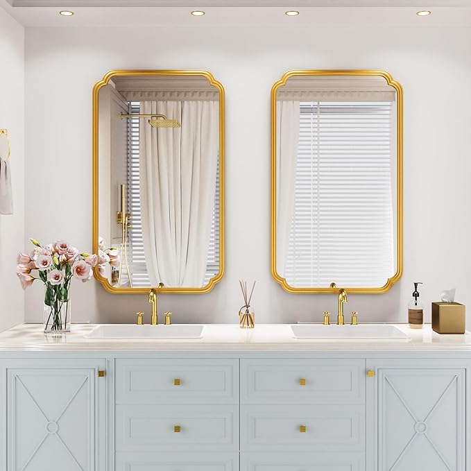 26"x40" Rustproof Bathroom Mirror Gold, Round Corner Metal Frame Wall Mirror, Horizontal/Vertical Hanging Over Sink, Bedroom Bathroom Decor