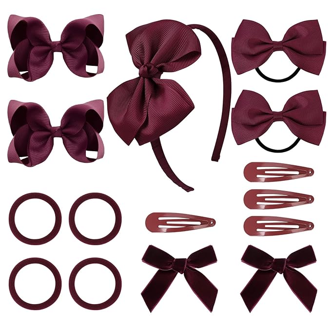 DEEKA Burgundy Uniform Hair Accessories Set, 15 Pieces - Hair Bows, Hair Clips, Headband, Hair Ties for Little Girls - School, Parties, Birthdays, Festive Celebrations
