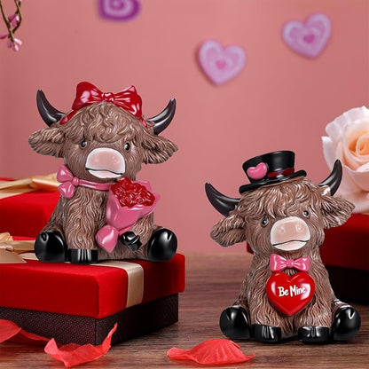 Karenhi 2 Pcs Valentine's Day Highland Cow Figurines Love Heart Rose Highland Cow Gnomes Scottish Resin Statue Calf Lovers Romantic Gifts for Valentines Home Kitchen Office Tiered Tray Table Decor