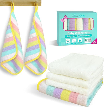 VOOVA & MOVAS Rainbow & Ivory 6 Pack Baby Washcloths – 100% Cotton, 12"x12" – Highly Absorbent & Ultra-Soft – Newborn Towels – Baby Essentials, Perfect Set