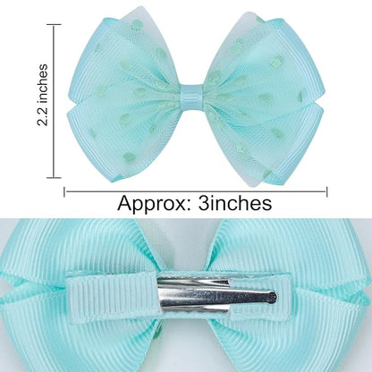 Tiny 3 Inch Dot Organza Double Hair Bow Clips - Cute Lined Boutique Alligator Hairpin for Girls, Toddlers, and Little Teens - Kids Barrettes Set of 2 Small Stylish (Green)