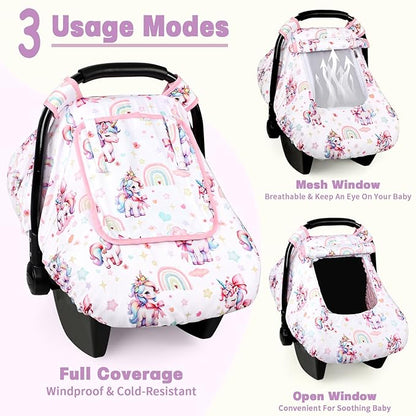 Car Seat Cover Baby, HNHUAMING Infant Car Seat Covers Canopy for Baby Girl Boy, Cozy & Windproof Unicorn Newborn Carseat Covers Minky Dot Backing Stroller Cover with Breathable Mesh Window, Rainbow
