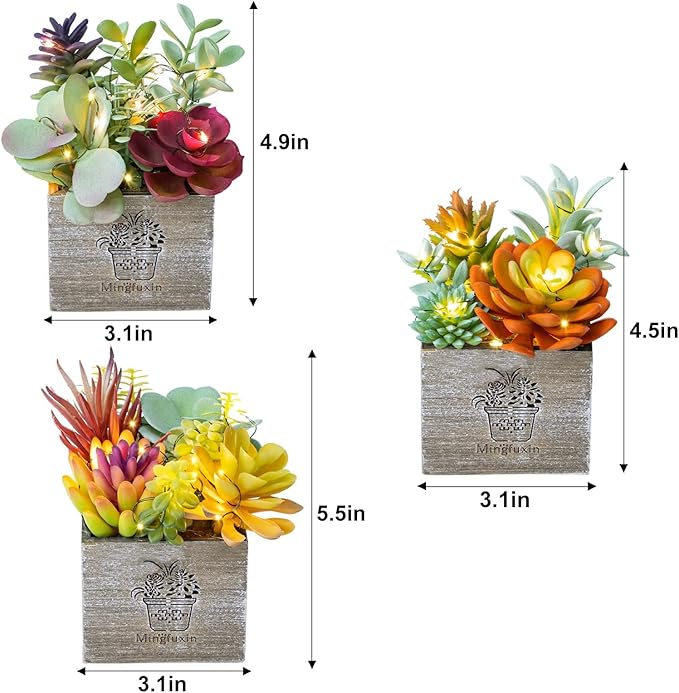 Mingfuxin Succulents Plants Artificial, Small Faux Plants with Lights, Assorted Decorative Fake Succulent Potted for Office Desk Bathroom Bedroom Shelves Windows Room Decor