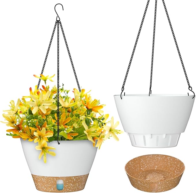 ZMTECH 10 Inch Hanging Planters for Outdoor Plants, Hanging Pots for Plants Indoor with Visible Water Level, Hanging Flower Basket with Drainage Holes & Removable Tray(2 Pack, White)