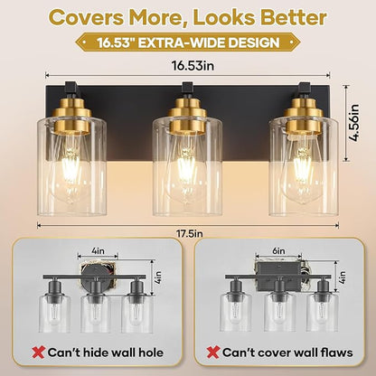Fivesun Bathroom Vanity Light Fixture, 3-Light Black and Gold Bathroom Light Fixtures Over Mirror with Clear Glass Shades, Modern Vanity Lights for Bathroom Living Room Hallway (Bulbs Not Included)
