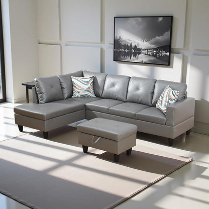 L Shaped Couch Faux Leather Sectional Couch Upholstered 3 Pieces Sofas for Living Room with Chaise, Storage Ottoman for Office and Small Apartment, Dark Grey