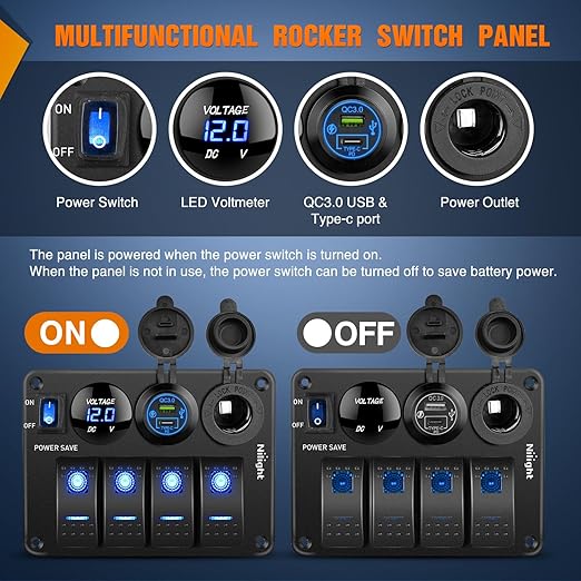 Nilight 4 Gang Rocker Switch Panel Waterproof Pre-Wired Aluminum Power Control Marine Panels with PD Type C and USB Cigarette Lighter Socket Voltmeter 12V 24V ON Off Switches for Car Trucks Boats RVs