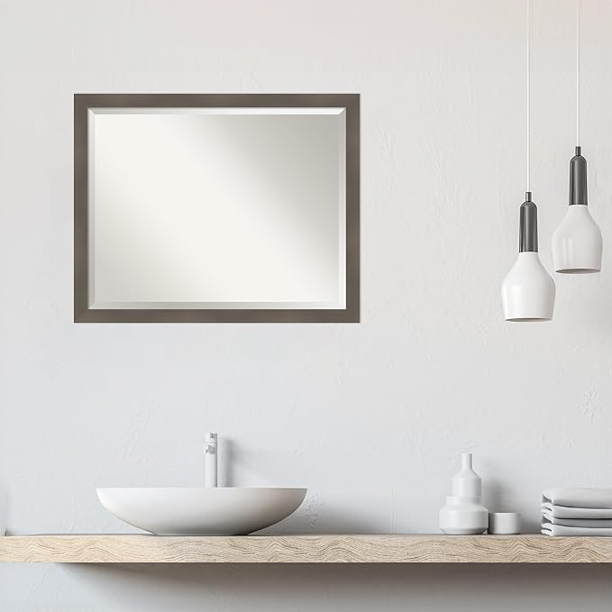 Amanti Art Grey Wall Mirror 25x31 Edwin Clay Grey Rectangle Bathroom Mirror for Wall Decor Living Room, Large Casual Wood Frame, Hangs Horizonally and Vertically, Bathroom Decor, Beveled Edge from WI