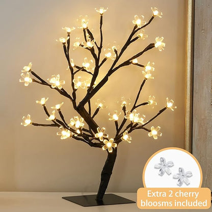 PEIDUO 17.5 Inch Lighted Cherry Blossom Tree, 48 Warm White Lights Plug in Adapter, Light up Bonsai Tree for Christmas Indoor Home Bedroom Living Room, Tabletop Decor Night Light Artificial Tree