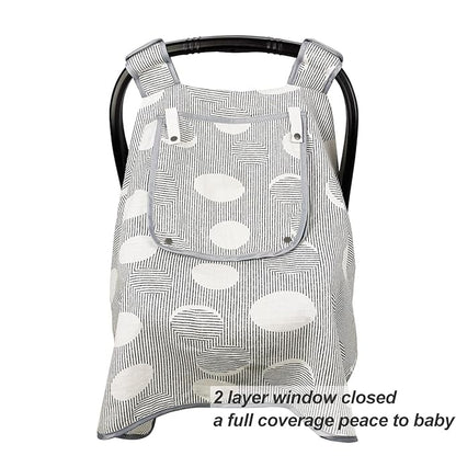 ICOPUCA Car seat Covers for Babies, Muslin carseat Cover Girls/boy, carseat Canopy Light Weight, Breathable, Kick Proof, fit Summer/Autumn/Spring, Black Strip Polka;