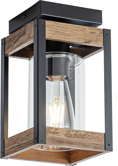 Mayful Farmhouse Flush Mount Ceiling Light, Rustic Ceiling Light Combine with Metal and Wood Frame, Clear Glass Ceiling Light Fixture for Kitchen Island Entryway Porch Foyer Dining Room