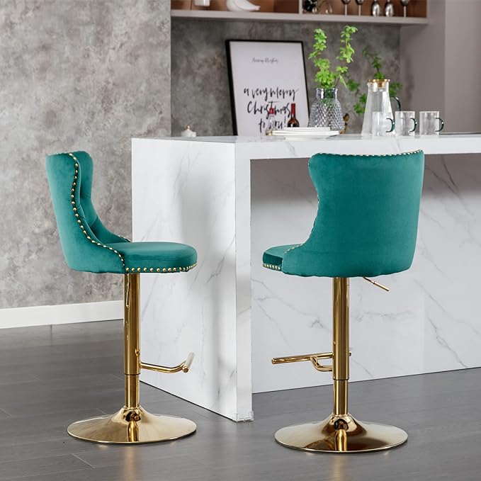 PacknWood Acosure Golden Swivel Velvet Bar Stools Adjusatble Seat Height from 25-33" with Backs Comfortable Tufted,Modern Upholstered Furniture Chairs W/for Home Pub Kitchen,Green,Set of 2