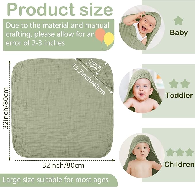 Peryiter 4 Pcs Muslin Hooded Baby Towels, 32"x 32" Cotton Newborn Bath Towel Muslin Infant Baby Blankets Absorbent Unisex Newborn Registry Gift Essentials for Girls Boys (Green,Gray,Beige)